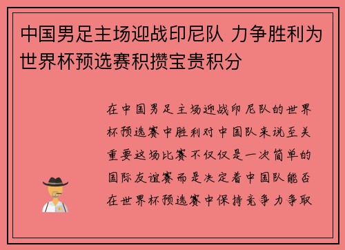 中国男足主场迎战印尼队 力争胜利为世界杯预选赛积攒宝贵积分 中国男足主场迎战印尼队 力争胜利为世界杯预选赛积攒宝贵积分