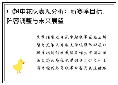 中超申花队表现分析:新赛季目标、阵容调整与未来展望 中超申花队表现分析:新赛季目标、阵容调整与未来展望